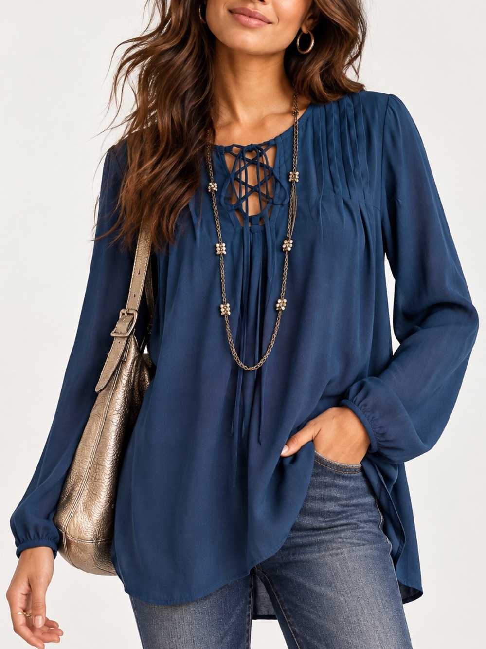 Max Studio Sapphire Blue Pleated Tie Neck Blouse Flowy Boho Top | Small